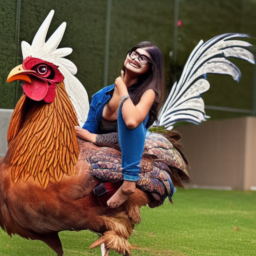 Mia Khalifa riding a giant rooster wielding a giant sword