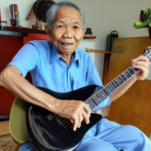 Wise old Malaysian man playing guitars 