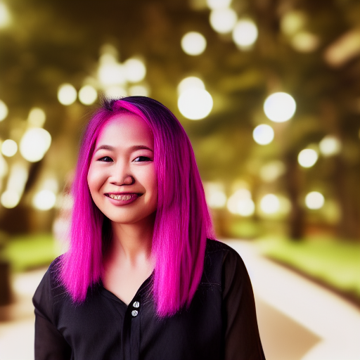 malay woman with pink hair ultra-realistic portrait cinematic lighting 80mm lens, 8k, photography bokeh, oil painting, smiling