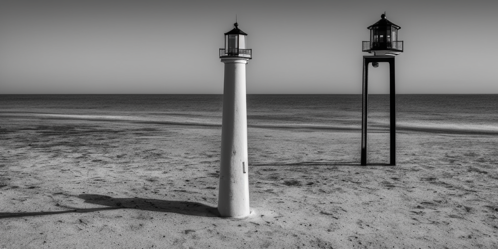 A grayscale photo of a platform on a metal column directly in front of a Spiekerooge beach. This could be mistaken for a lighthouse, but this can only happen on clear, bright days. At night, the construct then clears itself up due to its lack of luminosity. Otherwise it is cloudy, but dry. On the horizon you can barely see the mainland. Directly in front of the tower, a sandbank with its highest hump tip pushes through the water surface.