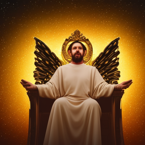 god on his throne in the middle of the universe with several people in front of him, and angels flying, 4k, ultra-realistic portrait cinematic lighting 80mm lens, 8k, photography bokeh