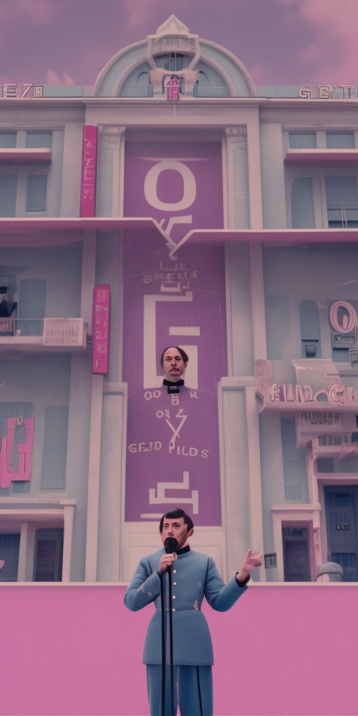 zero with an Microphone in front of the Grand Budapest Hotel