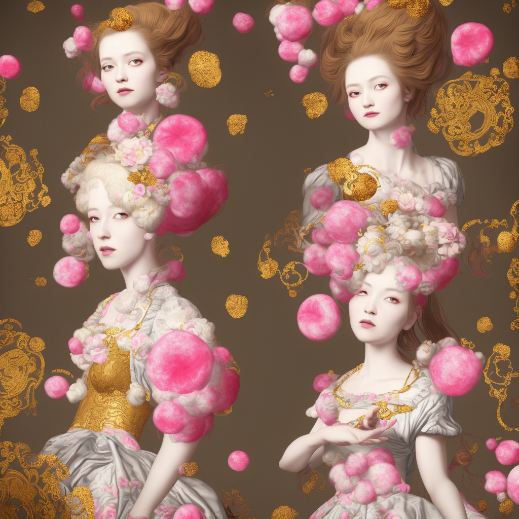8 k, octane render, realism, tonalism, renaissance, rococo, baroque, portrait of a young - lady wearing long - harajuku manga - dress with flowers!! and skulls, background chaotic gold leaf flowers, cotton candy!!