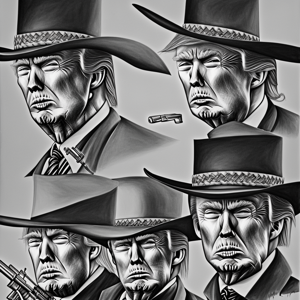  black and white pencil illustration high quality, hybrid, composition of donald trump and clint eastwood's character "blondy" from good bad and the ugly