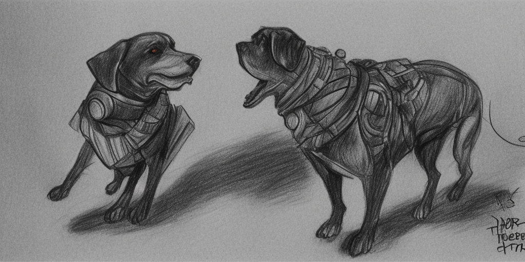 a drawing of First thought: Cerberus, this could be a good dog, a dog that is sometimes a bit much, but a good dog, that could be him. Second thought: damned tanks, damned sword, damned war culture – all the shit that forces me to run around fully armored. Third thought: ZERRRRBERUS is one, as I am, one of the youngsters who had a sword pressed into their hands without being asked. Thought gap: Breath Fourth thought: OOOO ZERRREBERUSSS, the great Hades, who is basically the same as us, only appears big and strong on the outside. Thought gap: Schnauf, Schnauf Fifth thought: Let's be honest: He doesn't appear like that anymore, he lets himself appear, uses as figures who, without having to show himself, play his stronger, greatness. Sechter thought: Oh Cerberus, the life of another, that's what our lives have in common. 