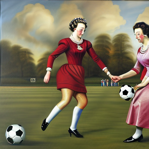 Queen Elizabeth II playing football with her daughter the Princess Royal oil painting on canvas
