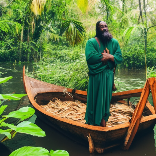 prophet wearing dark green standing on a fish in jungle boat dark