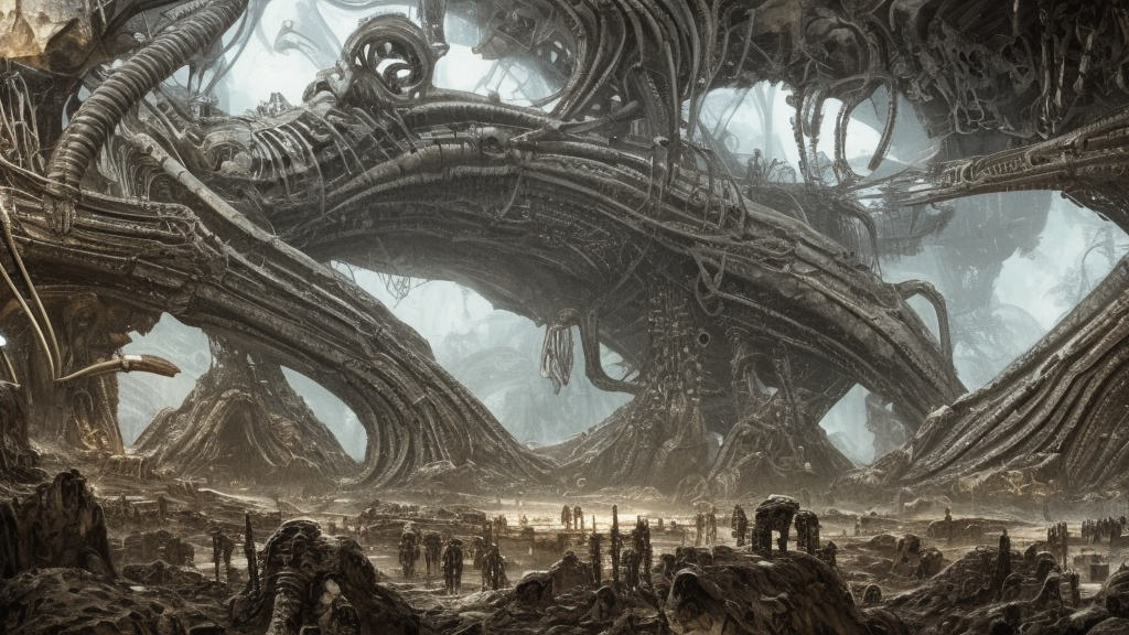 Epic science fiction cavescape. In the foreground is soldiers in battle-armor searching, in the background alien machinery and alien eggs. The skeleton of a gigantic alien machine creature is between them. Stunning lighting, sharp focus, extremely detailed intricate painting inspired by H.R. Giger and Gerald Brom