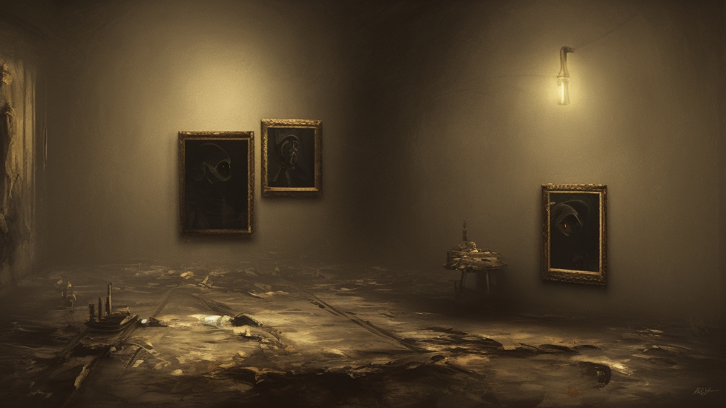 A dark room with a single painting of a face showing the horrors of the apocalypse, trending on arstation cgsociety, 8k, masterpiece, cinematic, concept art.
