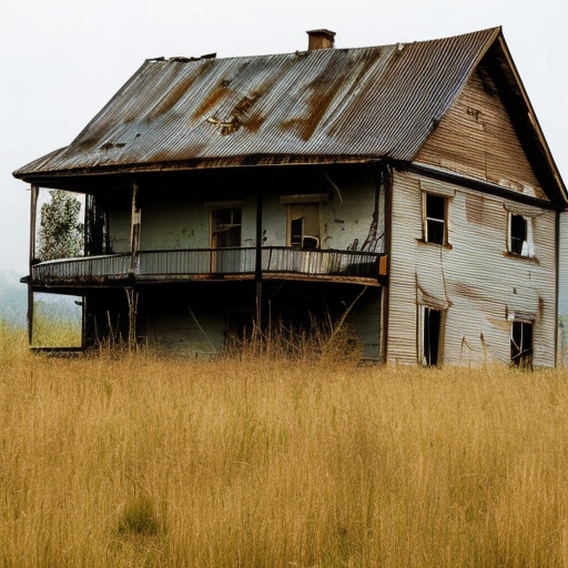 abandoned house with high grass and a rusted fence in front