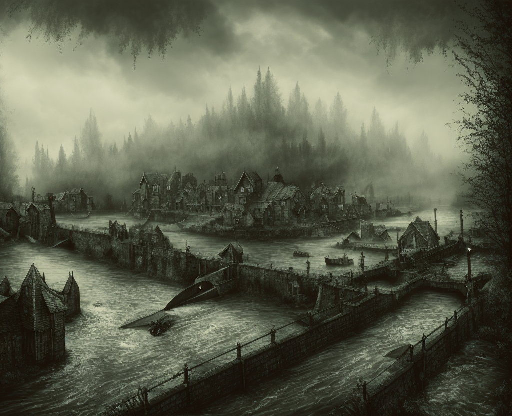 dark medieval, wide rapid river, river lock with sluice, different water levels, Warhammer fantasy, one building, summer, trees, fishing, nets, misty, overcast, Dark, creepy, grim-dark, gritty, Yuri Hill, hyperdetailed, realistic, illustration, high definition, 4K, oil on canvas%>