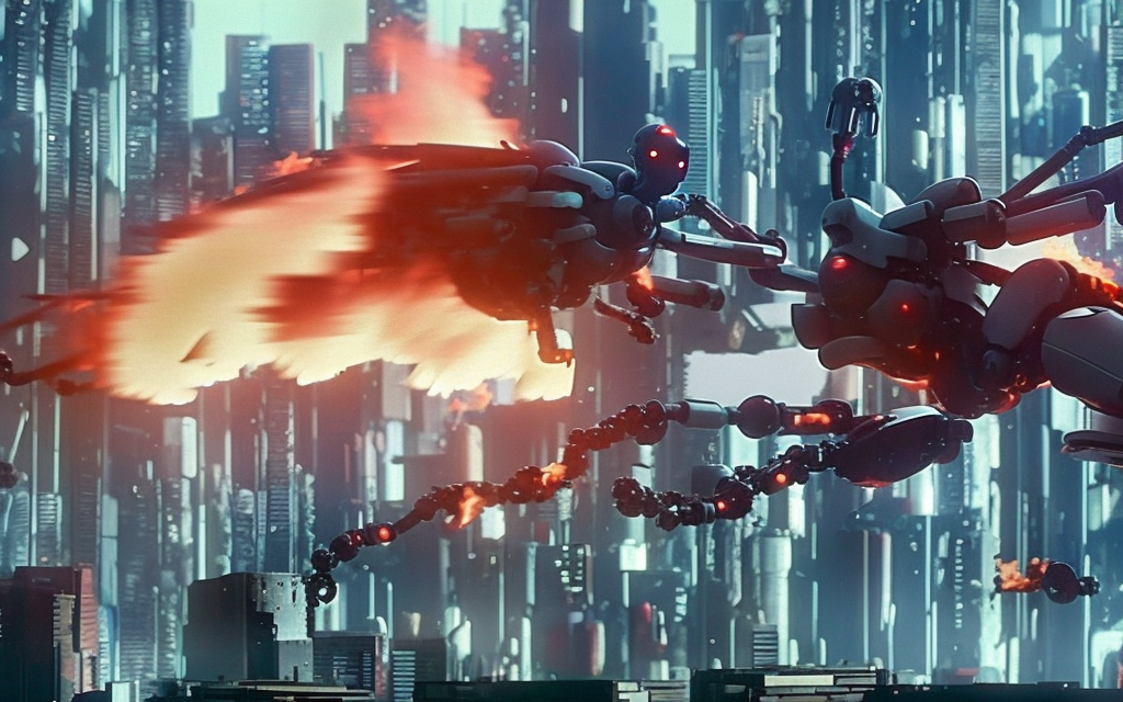 very realistic ghost in the shell flying building made of parts and rubbish on fire being attacked by robot dragons