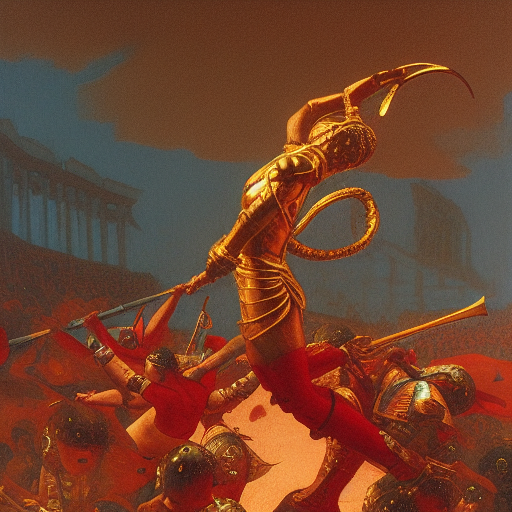 only with gold, bloody gladiator battle in a crowded roman amphitheatre, crowd cheering, in the style of beksinski and edward hopper and rodcenko and yue minjun and cory loftis, intricate and epic composition, red by caravaggio, highly detailed, masterpiece, red light, artstation, art nouveau