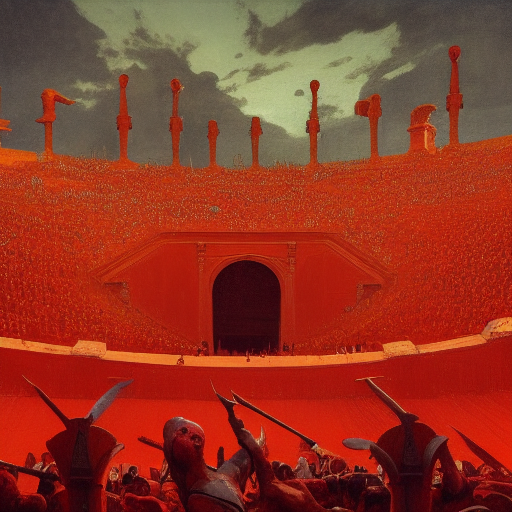 only with red, bloody gladiator battle in a crowded roman amphitheatre, crowd cheering, in the style of beksinski and edward hopper and rodcenko and yue minjun and cory loftis, intricate and epic composition, red by caravaggio, highly detailed, masterpiece, red light, artstation, art nouveau