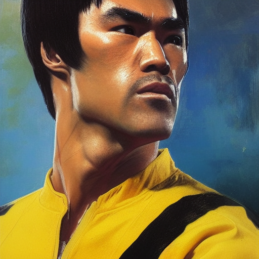 portrait of bruce lee in yellow jump suit!!!!!!!!!!!!!!!!!!!!!!!!!!!, detailed face, detailed painting, epic lighting, by ilya repin, phil hale and kent williams