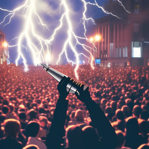 megaphone, podium, poster, protest, people, glow, crowd, truth, lightning, blue