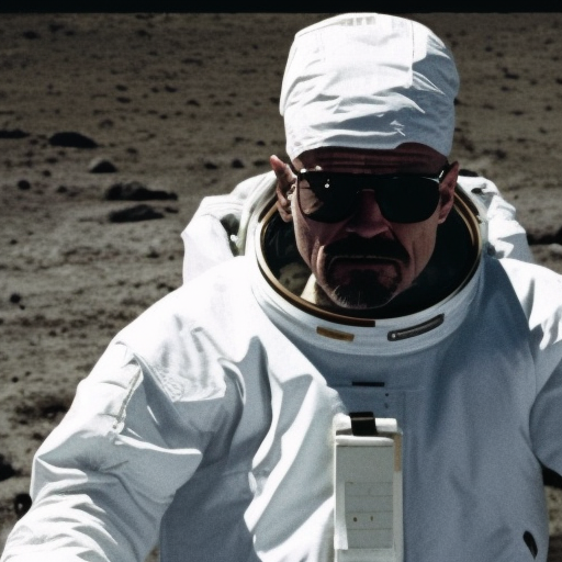 walter white in a spacesuit, no helmet, walking on a moonland