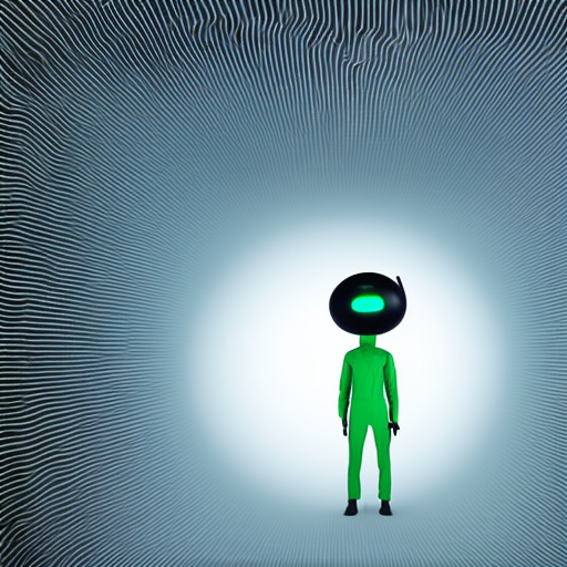 alien with earphones sitting inside UFO spaceship hologram equalizer screen