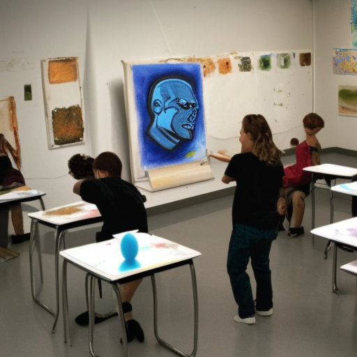 realistic photograph of the t-800 terminator teaching an art class