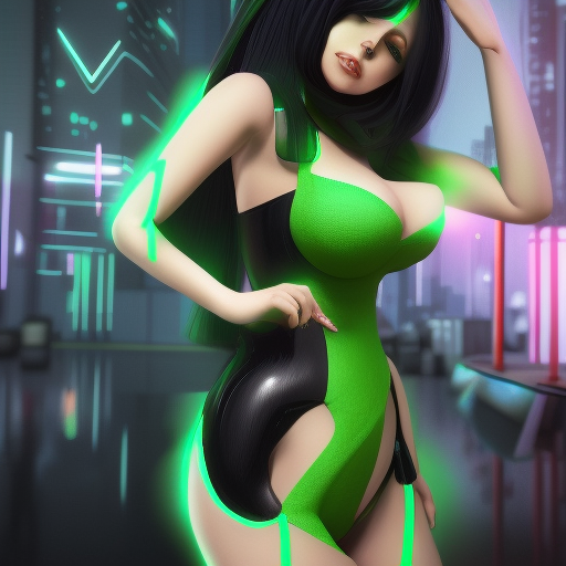 green eyes woman, with long black hair and anime curvy and thick body, in a futurist city, realistic,intricate,artistation, ilustration, unreal engine, 4k