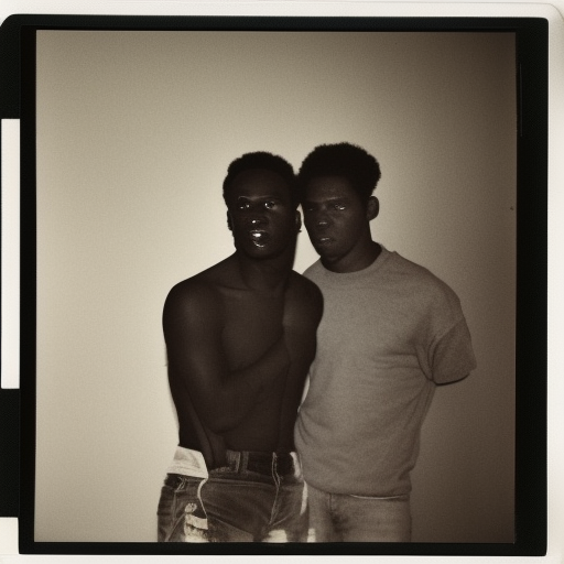 A vintage Polaroid photograph of two African American men smoking in a cheap apartment by Andy Warhol. Published in Paris Review. Photorealistic