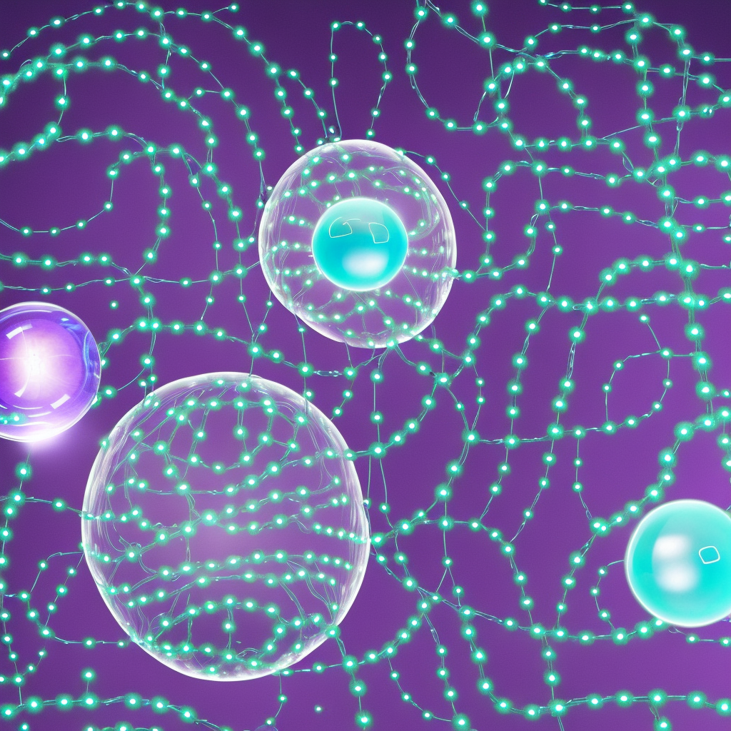 Generate a humanoid person's brain, locked up inside a virtual universe. The brain is depicted as a glowing blue orb, suspended inside a large bubble made of shimmering purple and blue hues. The bubble is tethered to the ground by a heavy chain, which is wrapped tightly around the brain and secured with a large padlock. The virtual universe surrounding the brain is a chaotic landscape of swirling colours and distorted shapes, representing the person's inner turmoil and distorted perception of the world. The space around the bubble is filled with a deep void, emphasising the sense of isolation and loneliness that often accompanies depression.