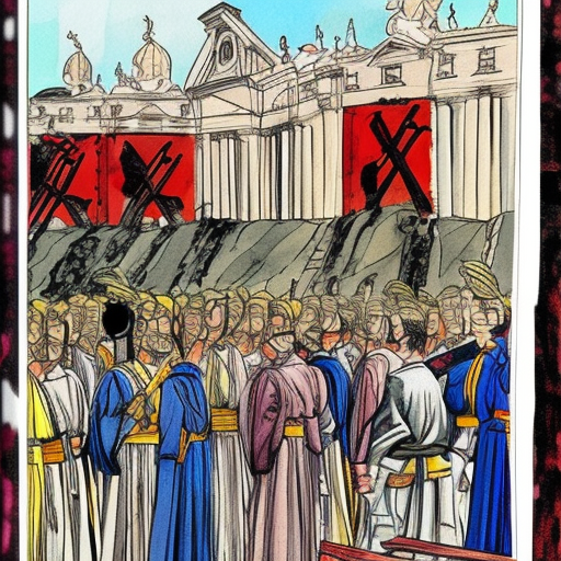 rome guards with Jesus, graphic novel. ink. splashes of watercolor. japanese influense