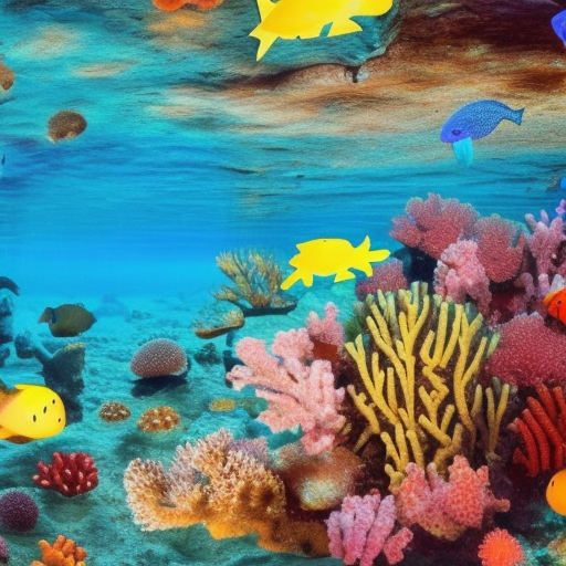 An underwater world with colorful coral reefs and sea creatures.
