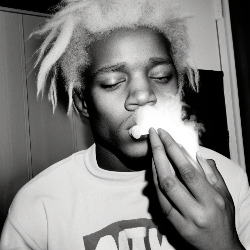 African American male with blonde hair smoking weed in cheap apartment taken by Andy Warhol. Photorealistic. Film grain. Full color