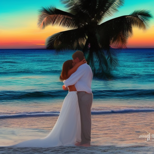 Create an image of a beautiful beach scene, with crystal clear water and white sand. Include a couple in love embracing, with a breathtaking sunset in the background.