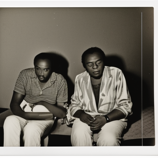 African American beat writers sitting and talking in cheap hotel in Morroco, vintage Polaroid photography by Andy Warhol, photorealistic 