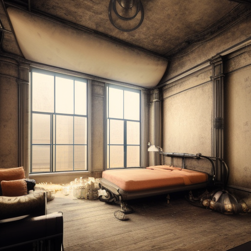 steampunk room, octane render, 3D art, ultra realistic, large windows, bedroom, cosy bed