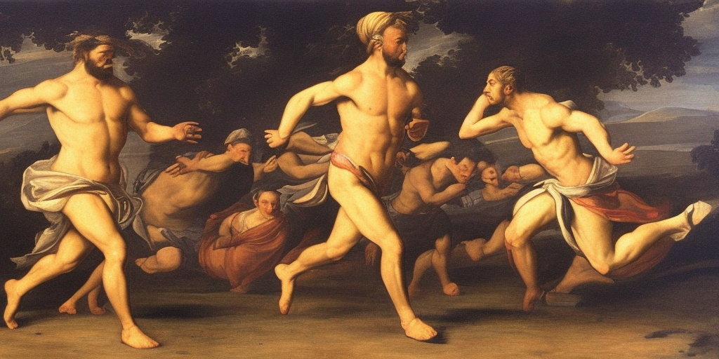 a classicism painting of Run, keep running, keep breathing, keep breathing! If we're honest: He doesn't appear like that anymore, he lets us perform, uses us as figures who, without having to show himself, are supposed to show his strength, greatness after carrion.