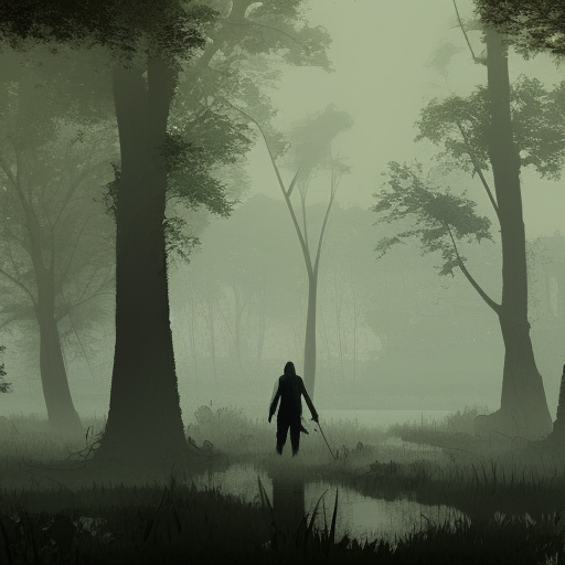 an adventurer walking in a misty swamp, melancholic atmosphere, morrowind, artstation, great level of detail
