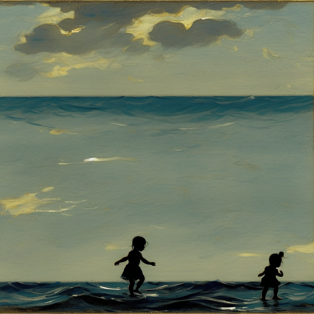 silhouette of a small girl playing in the ocean, M.K. Ciurlionis