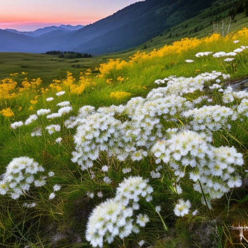one edelweiss in the mountains, deep in the valley a lake, sunset in the background