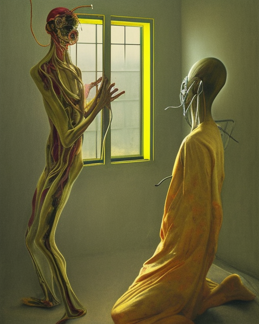 Two skinny doctors wearing gas masks, draped in silky gold, green and pink, inside a decayed hospital room, a large window shows a world on fire, loss and despair, in the style of Francis Bacon, Esao Andrews, Zdzisław Beksiński, Edward Hopper, surrealism, art by Takato Yamamoto and James Jean