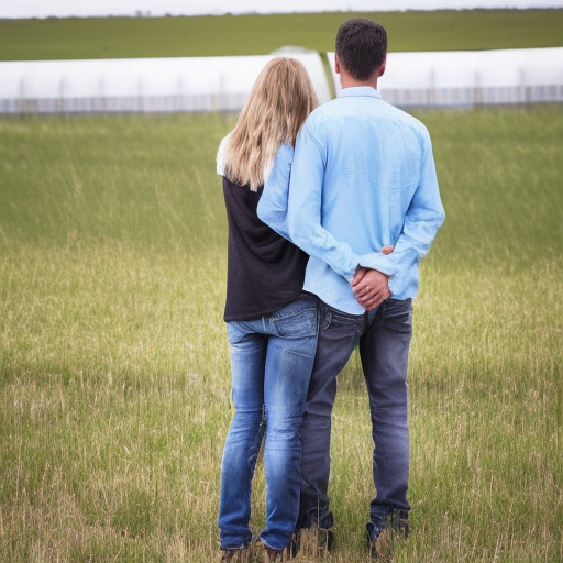 First-person view of a couple who are standing in front of the land they just bought, which has low grass, and in the back, far away, there are other plots of land with fences demarcating the area, but the land the couple is looking at has none fence ultra-realistic portrait cinematic lighting 80mm lens, 8k, photography bokeh 
