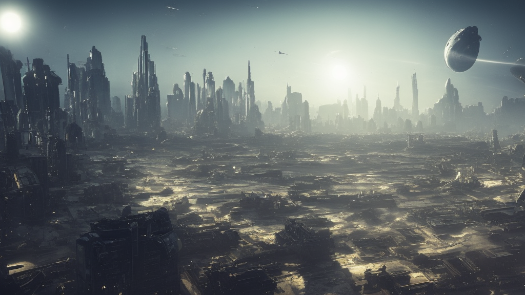 hundreds of spaceships launching vertically in a wasteland, abandoned cityscape in background, hyperrealistic, Cryengine 8k UHD
