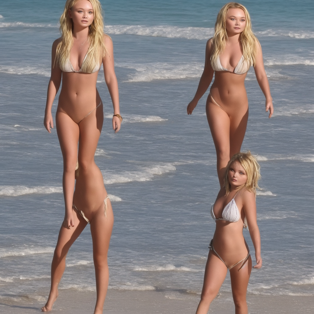Natalie Alyn Lind, on the beach, standing straight, front view