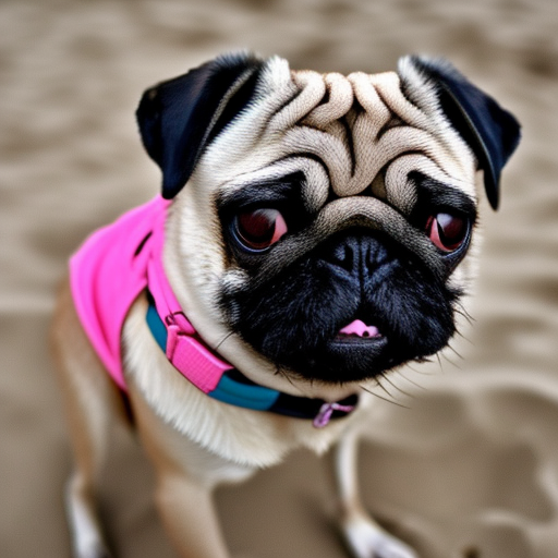 A female pug wearing a pink collar at the beach