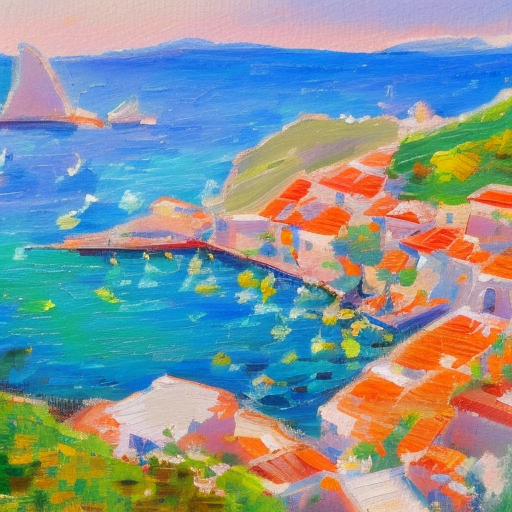 a 120*70 cm size impressionist painting of a seaside Aegean village in Turkey