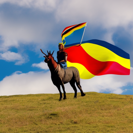 angry unicorn with the flag of ecuador in his hand standing on a hill