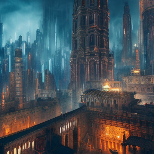 ancient medieval city in cyberpunk style, fantastical epic, hyperrealistic, highly detailed, 4 k hd