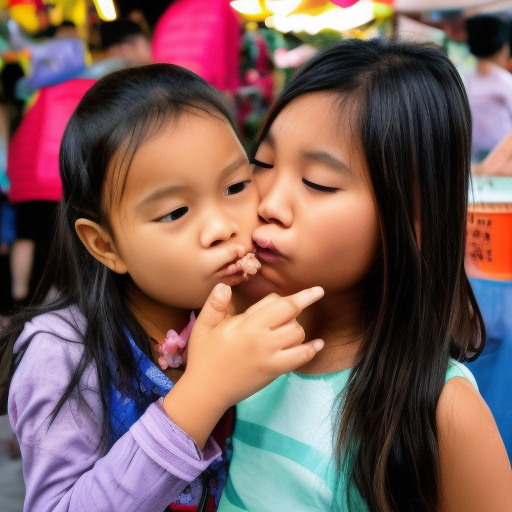 two niece malay girl kissing in night market 