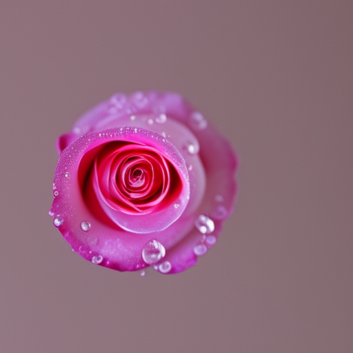 A still life photography of a single petal of a pink rose, with small drops of water on the petal. The photo is taken from above. Natural light is coming from the top.