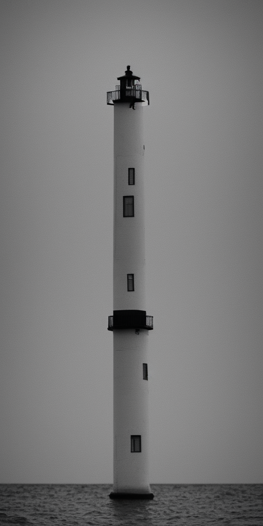 A grayscale oil 3d rendering of a platform on a metal column directly in front of a Spiekerooge beach. This could be mistaken for a lighthouse, but this can only happen on clear, bright days. At night, the construct then clears itself up due to its lack of luminosity. Otherwise it is cloudy, but dry. On the horizon you can barely see the mainland. Directly in front of the tower, a sandbank with its highest hump tip pushes through the water surface.