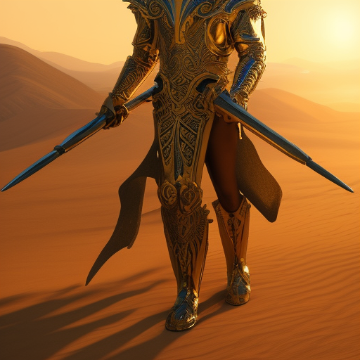  A man with golden armor, and mask, rises from the sands, a shiny golden magical staff in one hand, Artstation, Cinematic, Golden Hour, Sunlight, detailed, elegant, ornate, desert, rocky mountains, a big shiny white sun in the background, Illustration, by Weta Digital, sandstorm, Painting, Saturated, Sun rays