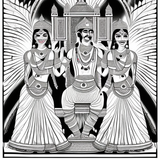royal indian king sitting on throne, women dancing in front black and white pencil illustration high quality