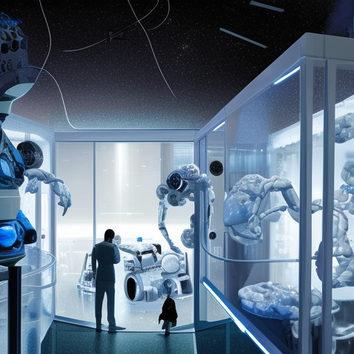 Ultra-realistic wide angle image of Futuristic cryogenic lab with lot of interconnected human brains in glass in the background and some robots roaming and a hero silhouette
